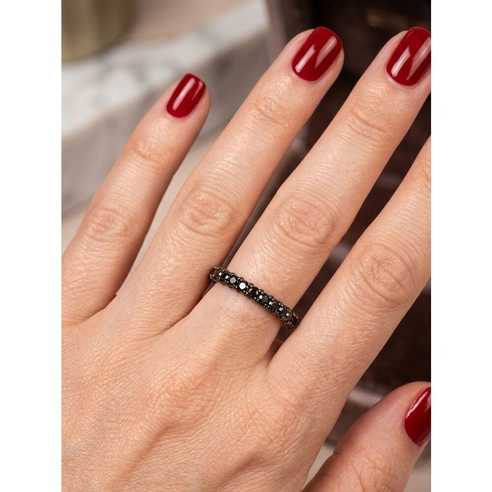 Striking Black Gemstone Eternity Band - Slim Sterling Silver Stacking Ring Size - Picture 2 of 6
